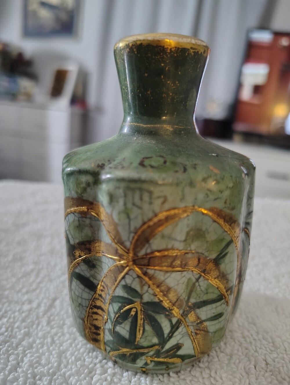 Green Ceramic Accent Vase with Gold Palm Motif - Picture 2 of 7
